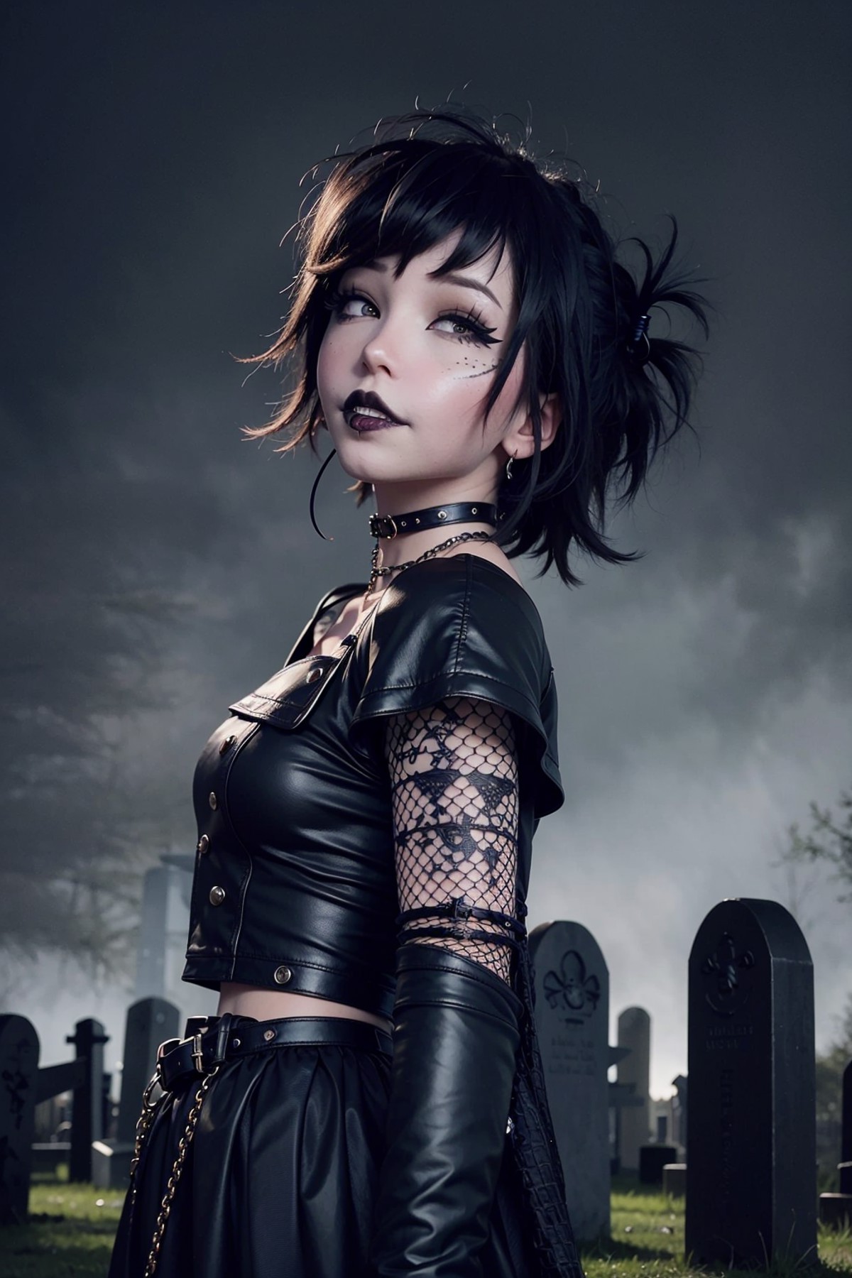 (black lipstick:1.4), a woman wearing a (goth outfit:1.3), (black heavy makeup:1.3), (goth punk:1.3), black choker, (raven...